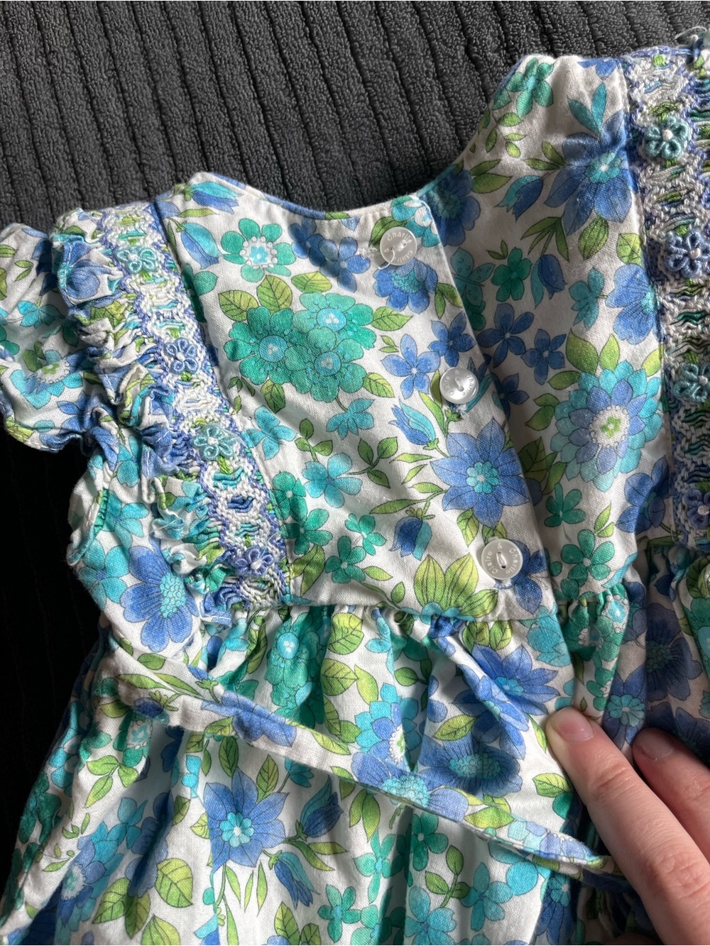 Girls' Floral Casual Smocked Dress - Blue & Green | 12 Months - Picture 3 of 4